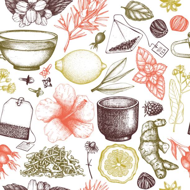 tło herbaty wektorowe - green tea tea teabag green stock illustrations