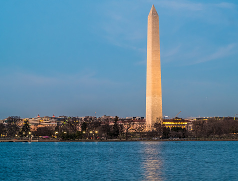 Washington Monument, an obelisk on the National Mall in Washington, D.C., built to commemorate the once commander-in-chief of the Continental Army and the first President of the United States