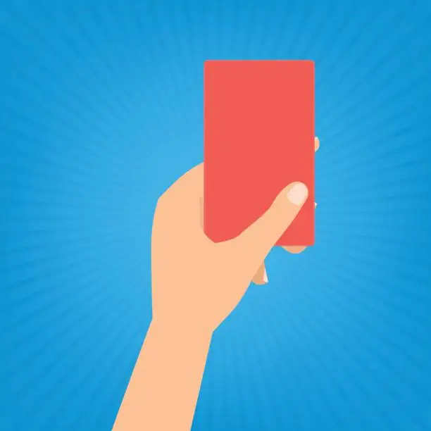 Vector illustration of Human hand holding a red card on blue sun ray background.