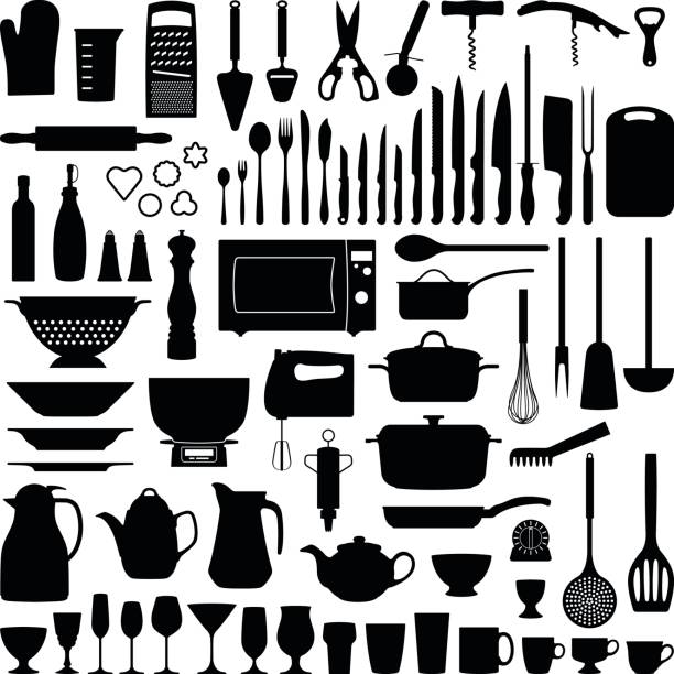 Kitchen tools Kitchen tool collection - vector silhouette illustration kitchenware shop stock illustrations