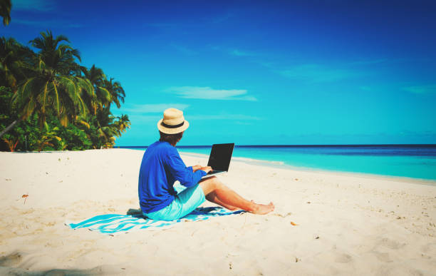istock man with laptop on tropical beach 673353932