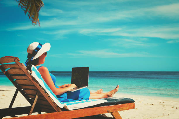 istock remote work concept -young woman with laptop on beach 673354006