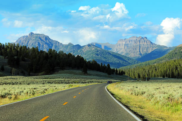 Lamar Valley Road at the North East Entrance of Yellowstone National Park stock photo