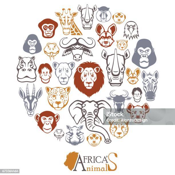African Animals Collage Stock Illustration - Download Image Now - Animal Head, Giraffe, Lion - Feline