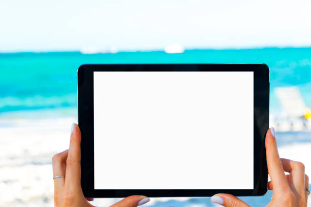 istock Blank empty tablet computer in the hands of girl on the beach 673364878