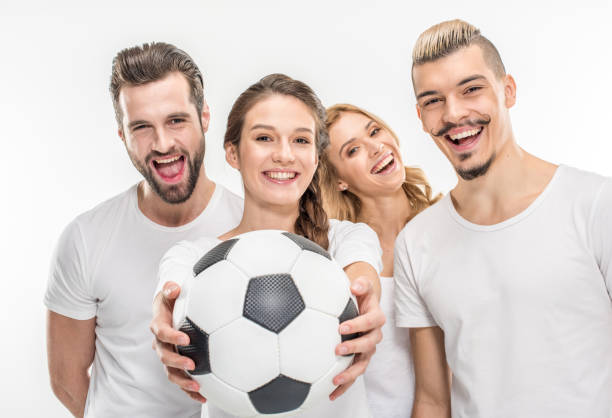 istock Cheerful friends with soccer ball 673367434