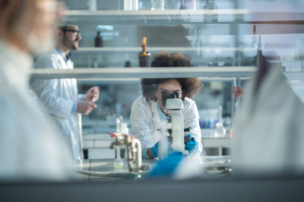 african american scientist looking through microscope while working in laboratory with colleagues. - dna research forensic science healthcare and medicine imagens e fotografias de stock