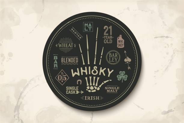 Coaster for whiskey and alcohol beverage Coaster for whiskey and alcoholic beverages. Vintage drawing for bar, pub and whiskey themes. Black circle for placing whiskey glass over it with lettering, drawings. Vector Illustration irish punt note stock illustrations