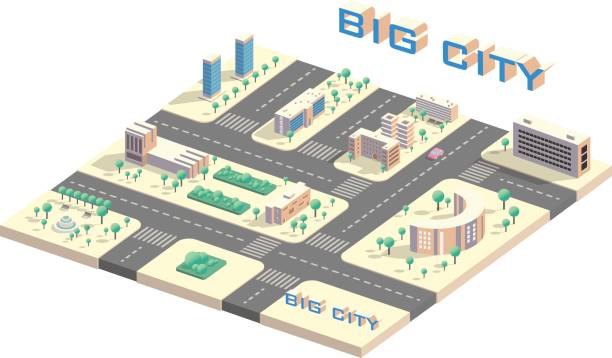 Isometric city map Vector Isometric 3d city view, collection of buildings blocks, low poly megapolis infographic 3d city street stock illustrations