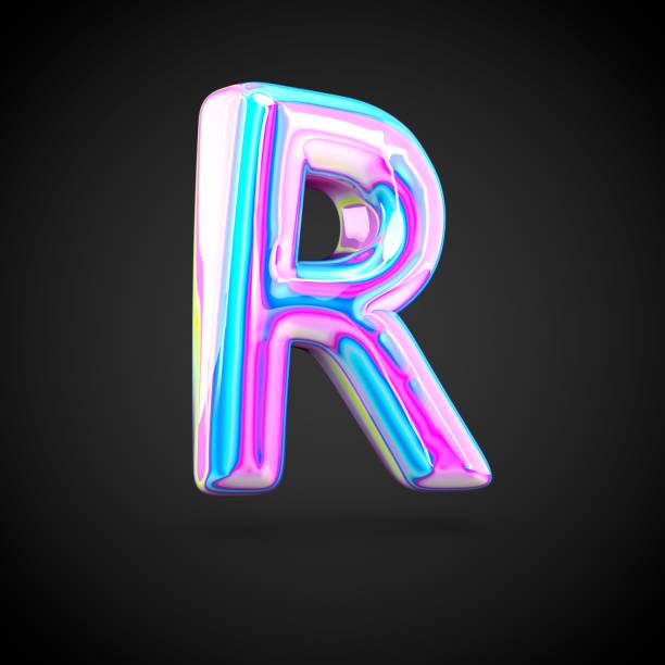 istock Glossy holographic alphabet letter R uppercase isolated on black background. 673383138