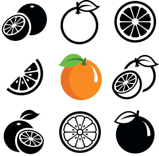 Orange fruit Orange fruit icon collection - vector outline and silhouette fruit stock illustrations