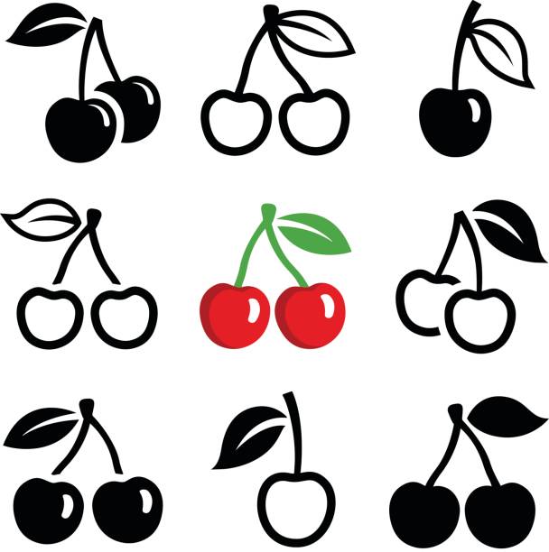Cherry Cherry icon collection - vector outline and silhouette fruit silhouettes stock illustrations