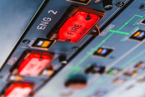 Fire pushbuttons and warning lights on the overhead panel in an airliner cockpit. Bright red warning lights come on when a fire is detected in one of the engines or the APU.