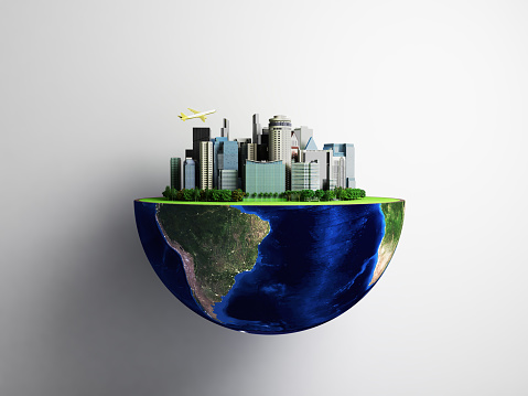 Urbanization concept with globe and city on abstract green background 3D Rendering