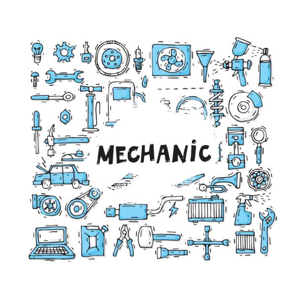 Mechanic. Auto engine repair elements. Suspension, painting, polishing. Car service. Set of icons. Hand drawn vintage style. Flat design vector illustration. Mechanic. Auto engine repair elements. Suspension, painting, polishing. Car service. Set of icons. Hand drawn vintage style. Flat design vector illustration. white background level hand tool white stock illustrations