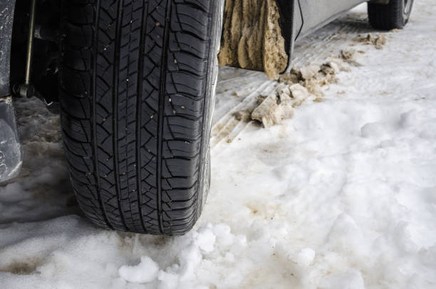 istock Snow Tyre on a Snowy Road 673400876