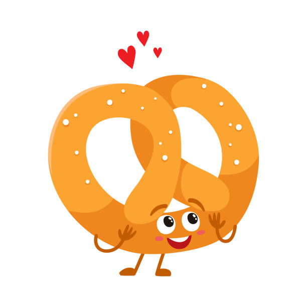 ilustraciones, imágenes clip art, dibujos animados e iconos de stock de carácter divertido pretzel alemán suave y crujiente con cara sonriente - pretzel german culture food salt