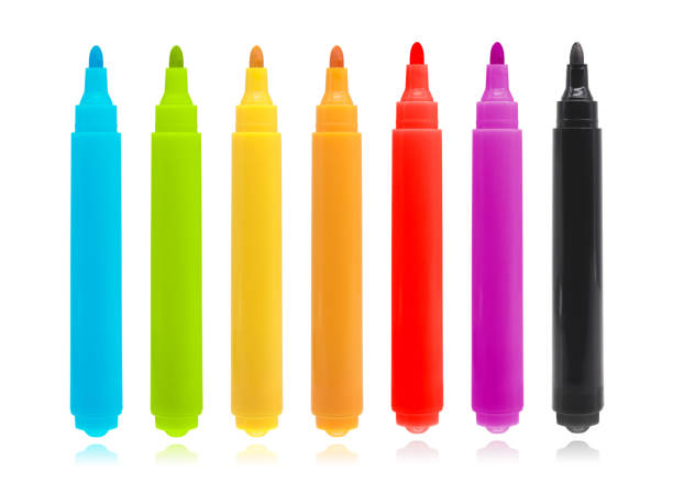 colorful marker pen set on isolated background with clipping path. - paper equipment art felt tip pen imagens e fotografias de stock