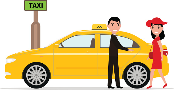 Vector illustration of cartoon man taxi driver helps passenger woman to open the door. Isolated white background. Boy the girl opens the car door. Concept transport of people. Flat style, side view.