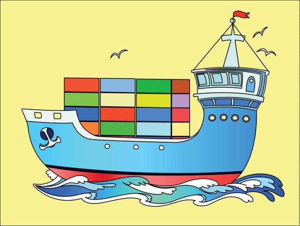 морское грузовое судно, плывущих по волнам моря. - color image colored background nautical vessel sea stock illustrations