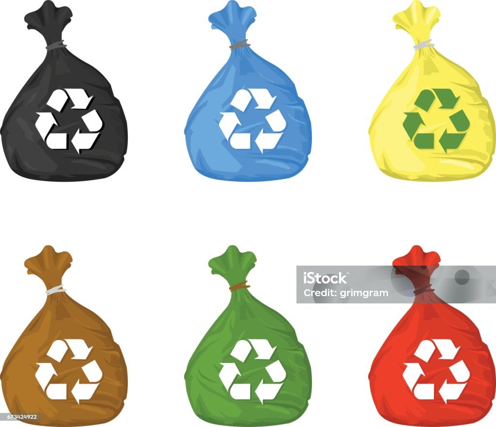 Vector illustration of recycle bin icons. Different Coloured recycle trash bin bag icons - Environmental protection, conservation and recycling Bag stock vector