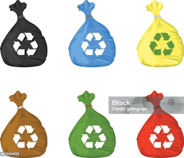 Vector Illustration Of Recycle Bin Icons Stock Illustration - Download Image Now - Bag, Black Color, Blue