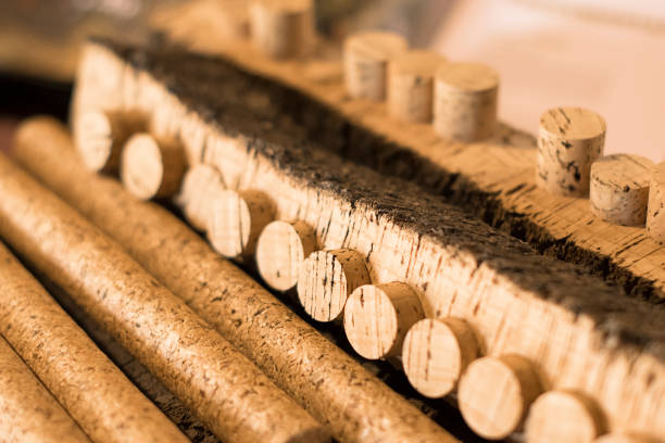 Production of corks for wine. Selective focus
