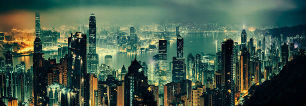 istock Panoramic shot of evening hong kong 673449648