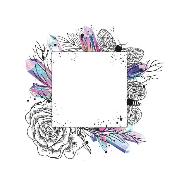 Vector illustration of Frame floral, moths and crystals vector