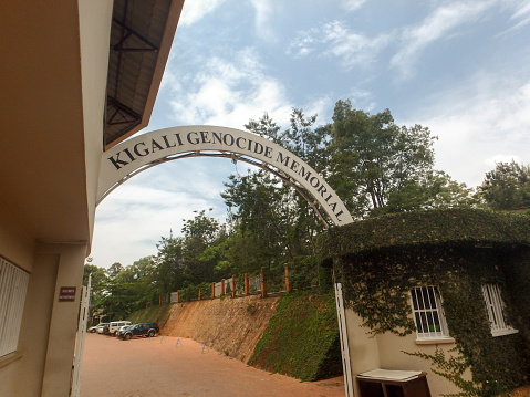 Kigali: Sign in front of National Memorial to the victims of Genocide in Kigali, Rwanda, Africa.