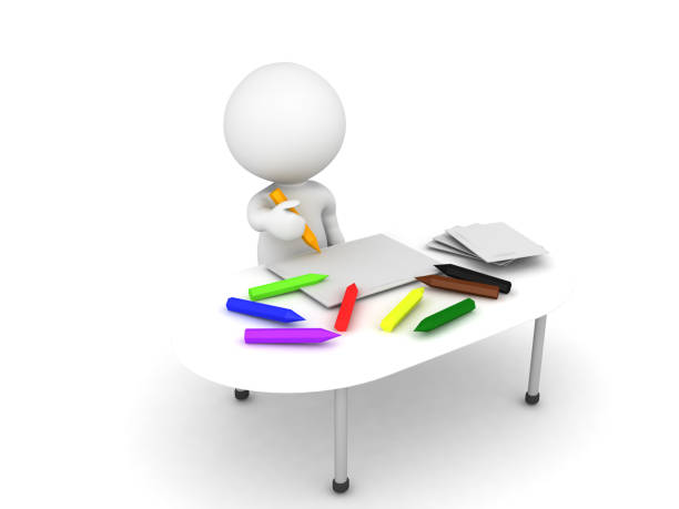 3d charakter kind färbung auf einem unübersichtlichen unordentlichen schreibtisch mit buntstiften - cluttered desk drawing stock-grafiken, -clipart, -cartoons und -symbole
