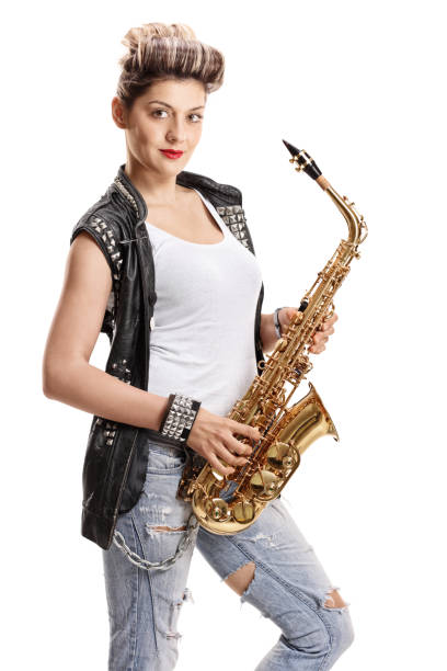 istock Female street performer with a saxophone 673465000
