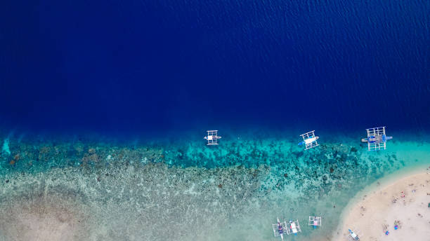 Aerial view of sandy beach with tourists swimming in beautiful clear sea water - Boost up color Processing. Aerial view of sandy beach with tourists swimming in beautiful clear sea water - Boost up color Processing. maria woerth stock pictures, royalty-free photos & images