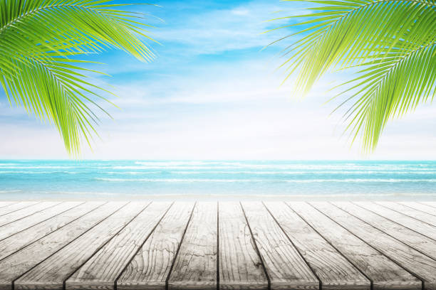 istock old wood table top on blurred beach background. 673474732