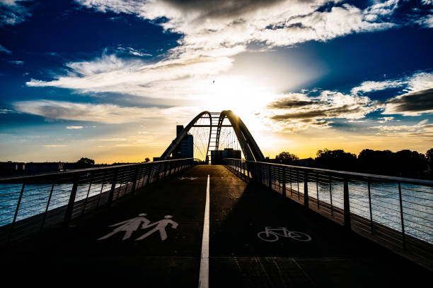 Aerial view of Commonwealth Bridge on Lake Burley Griffin at dusk in Canberra, the capital of Australia
