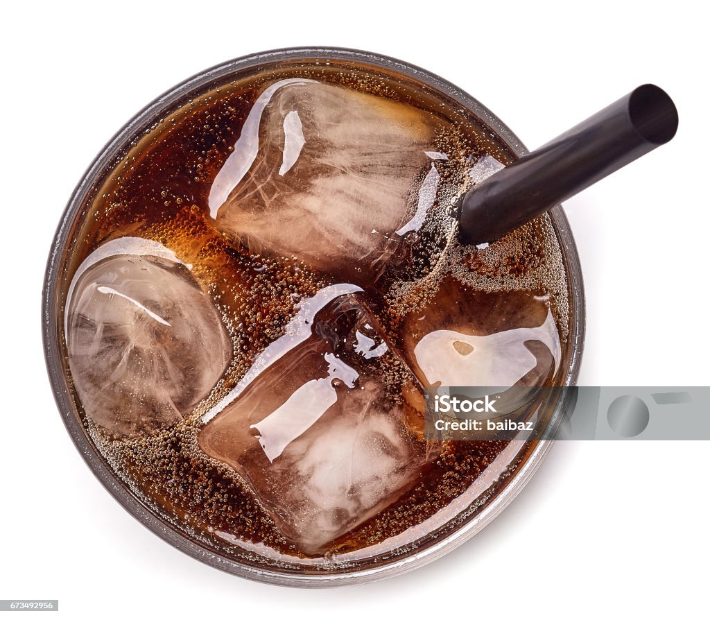 Glass of cola Glass of cola and ice isolated on white background. From top view High Angle View Stock Photo