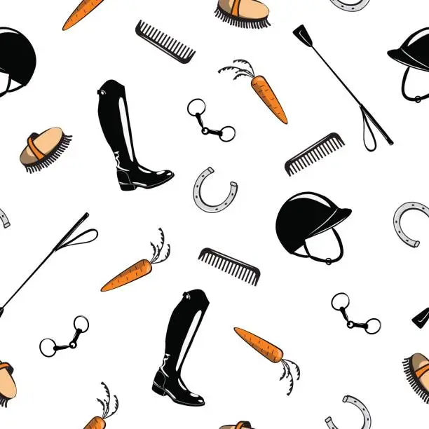 Vector illustration of Seamless pattern with horse riding tack on white. Hand drawing cartoon bit, whip, brush, horseshoe, riding boot, snaffle.