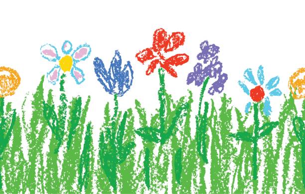 Wax crayon kid`s hand drawn colorful flowers with green grass on white. Seamless child`s drawn flowers set. Cute of kid`s painting spring and summer meadow. Vector pastel chalk background banner. childs drawing stock illustrations