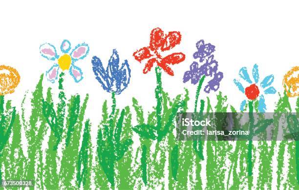 Wax Crayon Kids Hand Drawn Colorful Flowers With Green Grass On White Seamless Childs Drawn Flowers Set Cute Of Kids Painting Spring And Summer Meadow Stock Illustration - Download Image Now