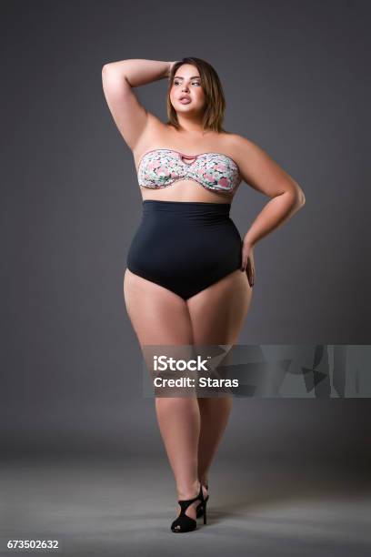 Plus Size Fashion Model In Sexy Swimsuit Young Fat Woman On Gray Background Overweight Female Body Stock Photo - Download Image Now