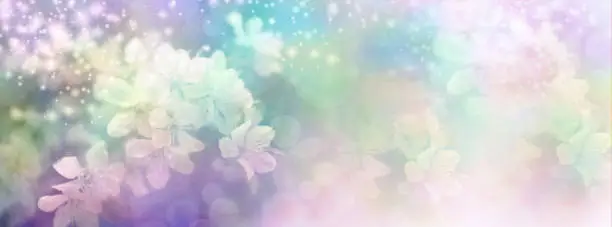 Pastel multicolored bokeh background with random sparkles across the top of blossom sprigs in left corner and copy space on right