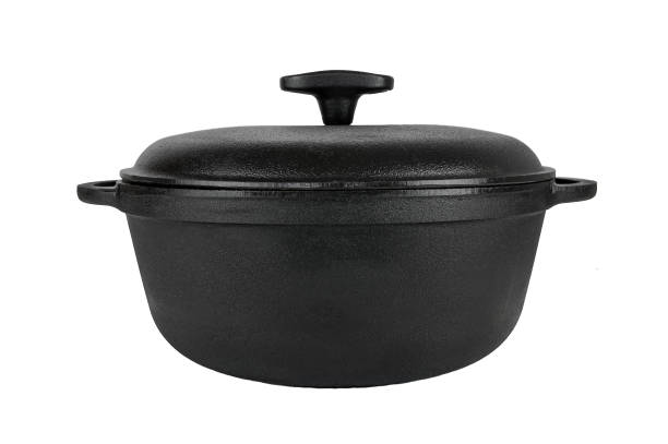 Cast iron pan,  cast iron pot with lid, black. From the side.