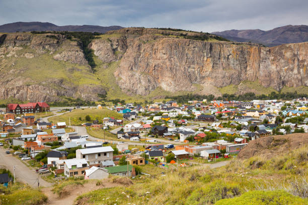 Small mountain village El Chalten in Santa Cruz View of mountain village El Chalten in Santa Cruz Province, Argentina, South America foothills parkway photos stock pictures, royalty-free photos & images