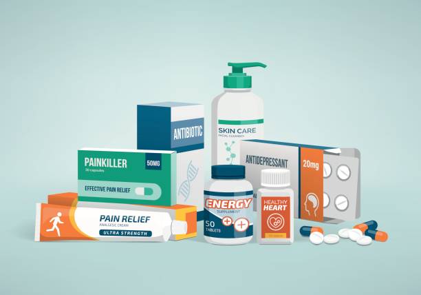 Drugs and medicines Healthcare, medicine and drug types, pharmaceutical packaging painkiller stock illustrations