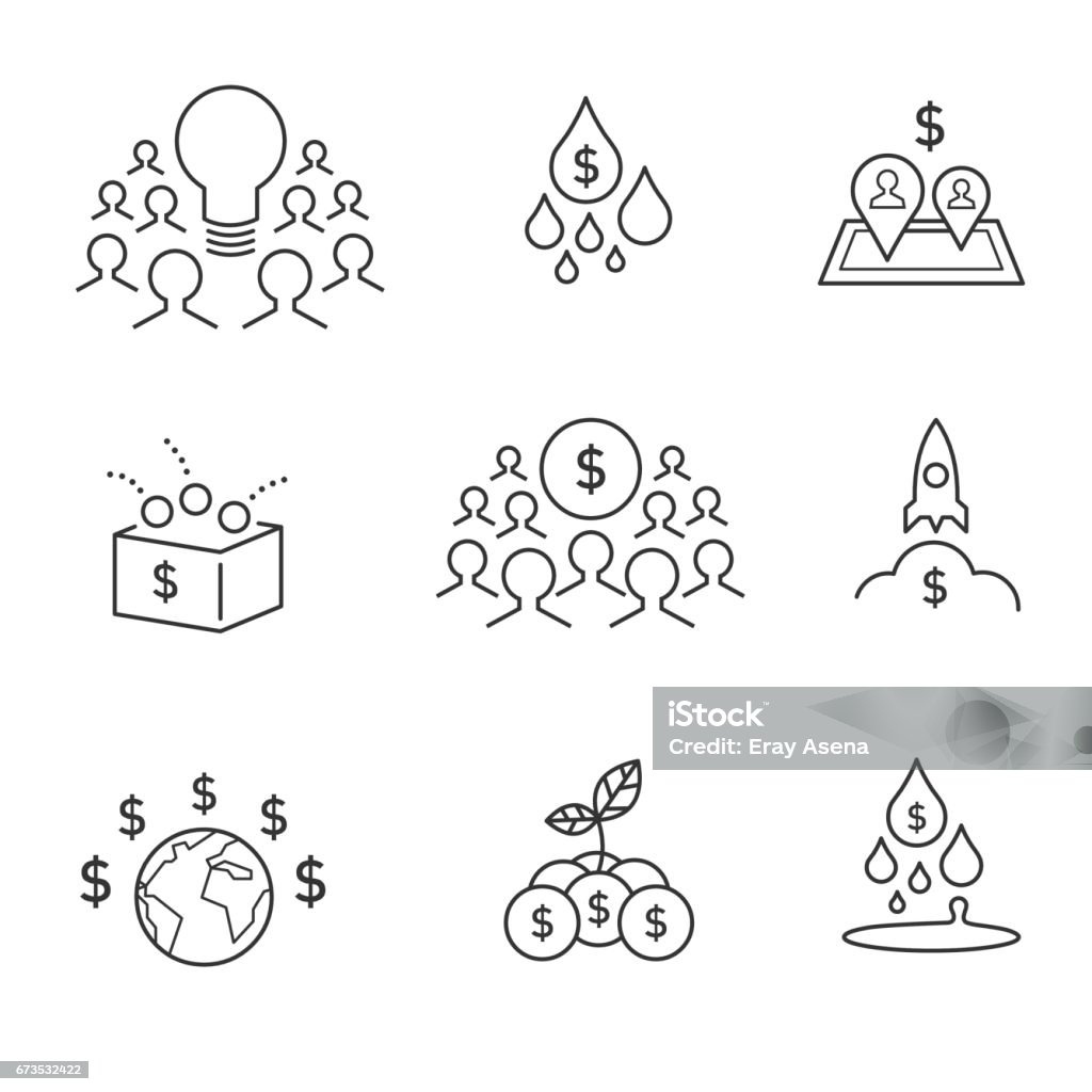 Crowdfunding icons Crowdfunding and crowdsourcing outline icons Icon Symbol stock vector