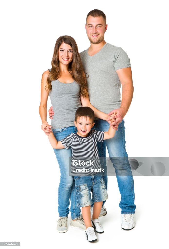 Família sobre fundo branco, pais felizes com a criança, filho de pai mãe filho, três pessoas - Foto de stock de Família royalty-free