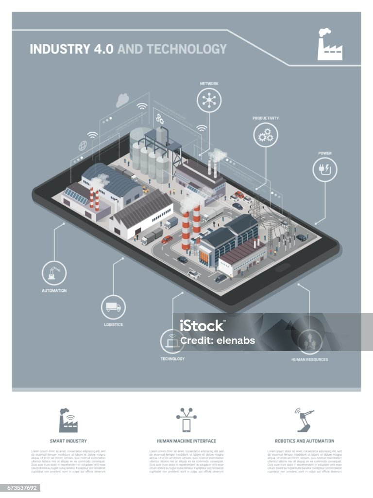 Industry 4.0 infographic Isometric industrial park with people and vehicles on a smartphone, industry 4.0 and augmented reality concept Isometric Projection stock vector