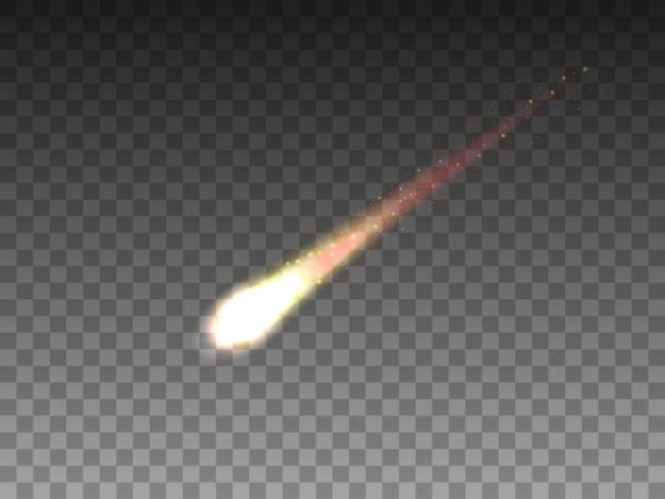 Vector illustration of realistic falling comet Vector illustration of realistic falling comet. Isolated transparent background. Shooting star, meteor. Meteorite with a tail. comet stock illustrations