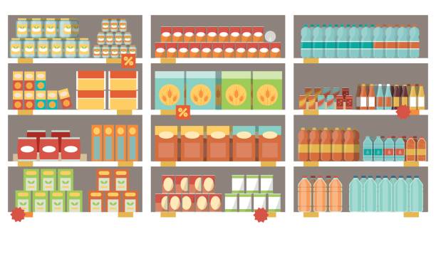 ilustrações de stock, clip art, desenhos animados e ícones de supermarket shelves - food shopping