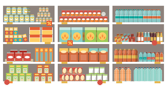 Grocery items on the supermarket shelves and offers, shopping and retail concept